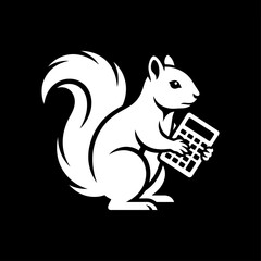 White silhouette of a squirrel holding a calculator on a black background, representing financial planning, savings, and smart accounting concepts for business and personal wealth management. © Ayong