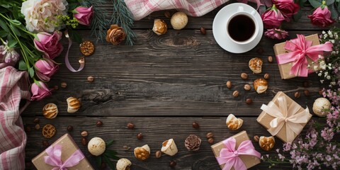Obraz premium Joyful Mothers Day composition with floral decorations coffee cups sweet delights and presents on rustic timber