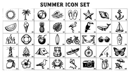Fototapeta premium Summer icon set with numbered hand drawn sketches on transparent background illustrating beach lifestyle vacation activities nature and leisure items.