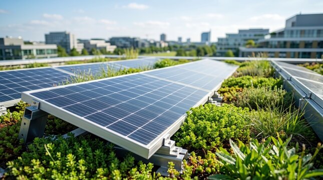 Solar panels on green roof garden, sustainable energy solution in urban environment, photovoltaic cells generating clean power with city buildings in background