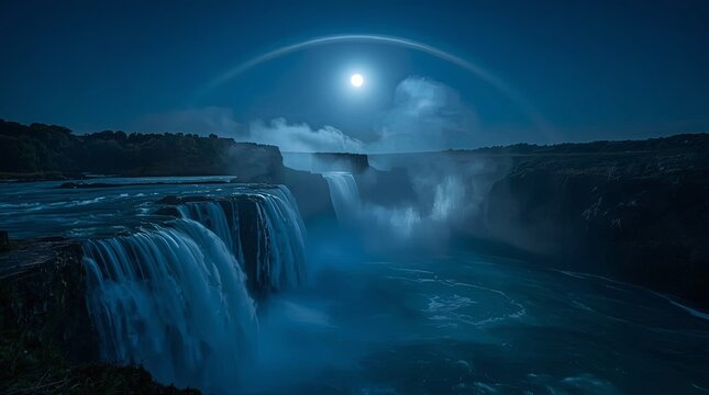 Rare moon bow appearing above mist-covered waterfalls during a serene night.