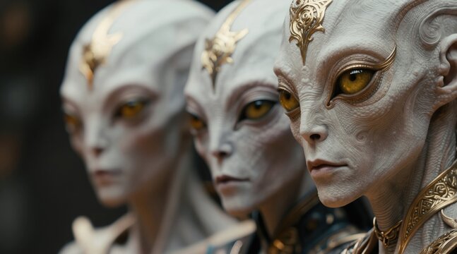 Three alien beings with ornate gold details and yellow eyes. They have pale skin and unique facial features. The scene appears futuristic with advanced designs and mysterious expressions.