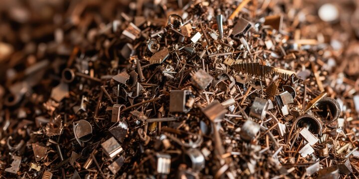 Heap of metal shavings and small parts from machining process. Tiny steel components and industrial debris texture. Close up view of workshop waste.