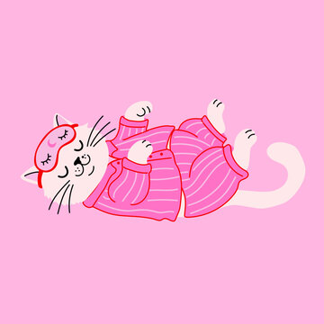 Adorable Bedtime Cat in Pink Striped Pajamas