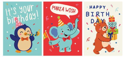 Fototapeta premium Kids Birthday Cards with Penguin Elephant and Bear