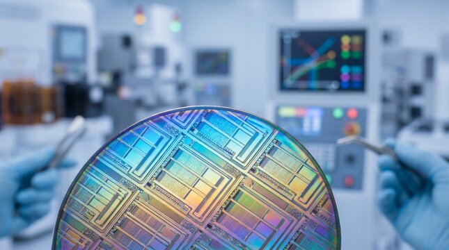 Closeup of a silicon wafer with microchips in a semiconductor lab