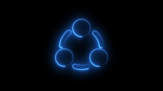 Glowing blue neon light icon of three interconnected circles forming a triangle shape on a black background