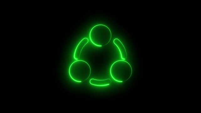 Glowing green neon light icon of three interconnected circles forming a triangle shape on a black background