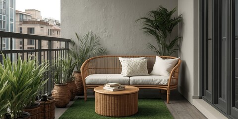 Obraz premium Welcoming balcony arrangement featuring a rattan corner couch, small coffee table, and artificial grass