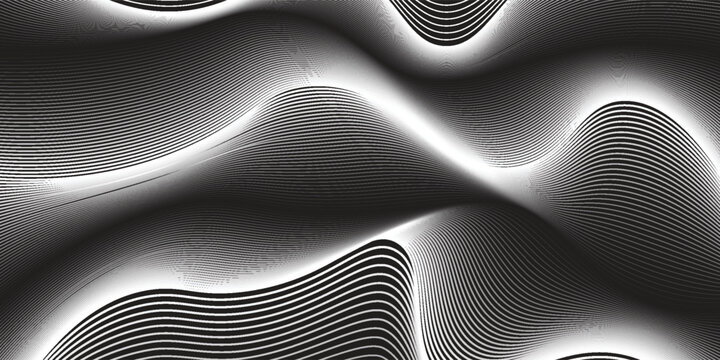 Abstract geometric background with black flowing linear waves. Modern minimalist backdrop with dynamic white curved lines pattern texture template.