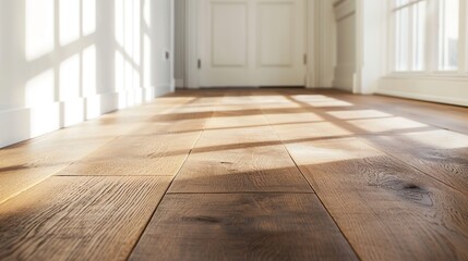 Naklejka premium Bright Empty Room with Sunlit Wooden Floor Leading to White Door at the End