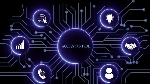 access control concept with circuit lines and digital symbols hovering above a businessman, technology. manufacturing process management all connected in a digital circle like pattern