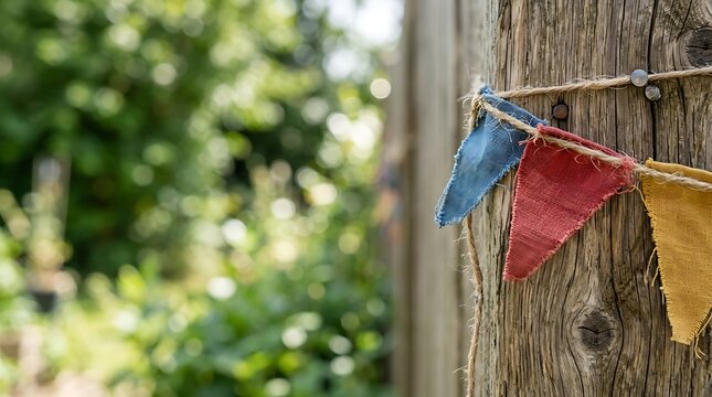 Colorful rustic fabric bunting hanging on a weathered wooden fence
