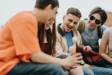 Fototapeta premium A group of students sitting together and laughing while looking at a mobile device. Friends share a lighthearted moment outdoors with backpacks and casual clothes.