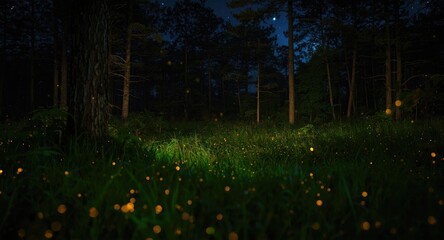 Obraz premium Nighttime forest background with glowing fireflies lighting grass and trees for Earth Day