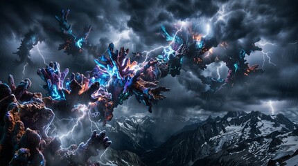 Naklejka premium An Intense Dark Fantasy Art of Floating Coral Reef Islands Being Struck by Dramatic Lightning Bolts in a Violent Storm Sky Over Snowy Mountain Peaks