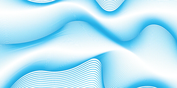 Abstract geometric background with blue flowing linear waves. Modern minimalist backdrop with dynamic white curved lines pattern texture template.