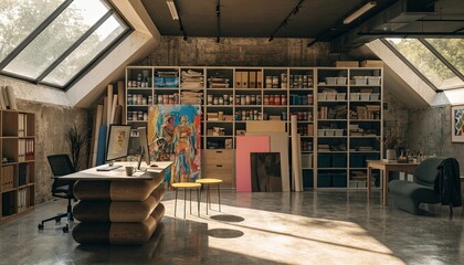 Obraz premium Unique artist office featuring floor-to-ceiling storage shelves filled with colorful supplies, textured concrete walls, oversized skylights, and warm natural daylight illuminating every detail.