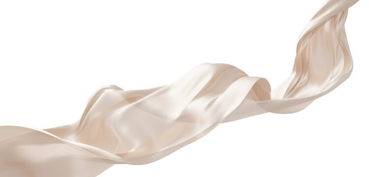 Sheer beige fabric flowing in the wind isolated on white background with copy space design element for fashion, cosmetic branding 3D render