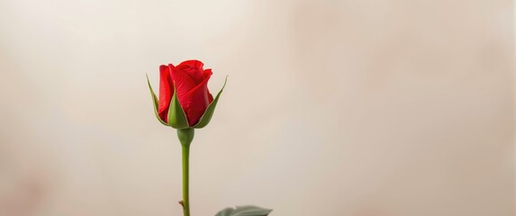Obraz premium Red rose with green leaves against a soft background