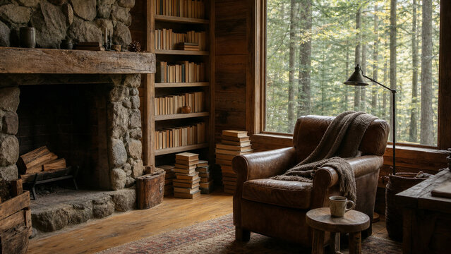 Warm rustic cabin interior with stone fireplace, leather armchair, bookshelves, blanket, coffee mug, and large window overlooking a peaceful forest.