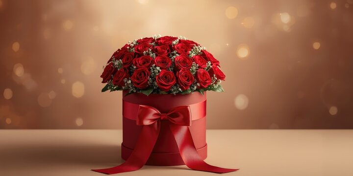Refined bouquet of twenty one red roses arranged in a chic hatbox with decorative greens and a broad ribbon bow