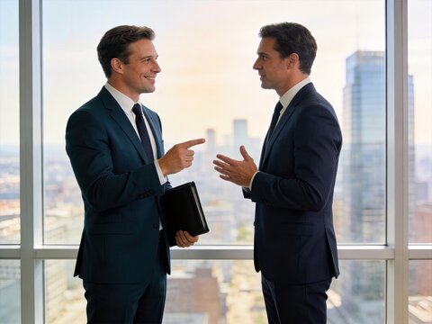 Two professional businessmen discussing strategy in modern office, corporate partnership meeting with city view background, financial planning and executive management concept.