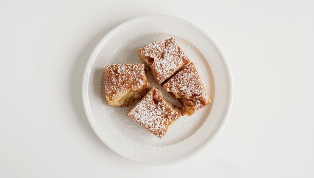 Sugared torrijas traditional Spanish sweet on a simple white plate from top angle