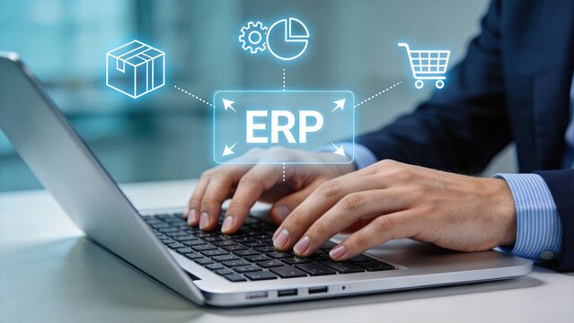 Businessman using laptop with holographic ERP software interface for enterprise resource planning, digital business management and data analysis concept.