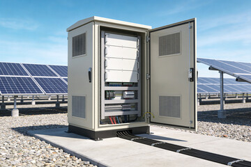 Outdoor electrical cabinet with solar panels in the background © Snide12