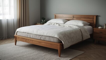 Obraz premium Wooden bed with white bedding in a modern bedroom