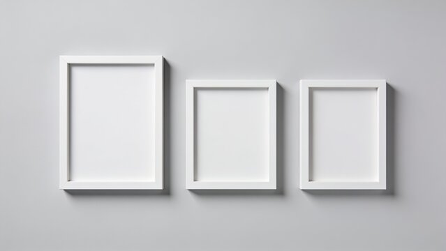  features a minimalist style with three white picture frames arranged horizontally against a light gray background.