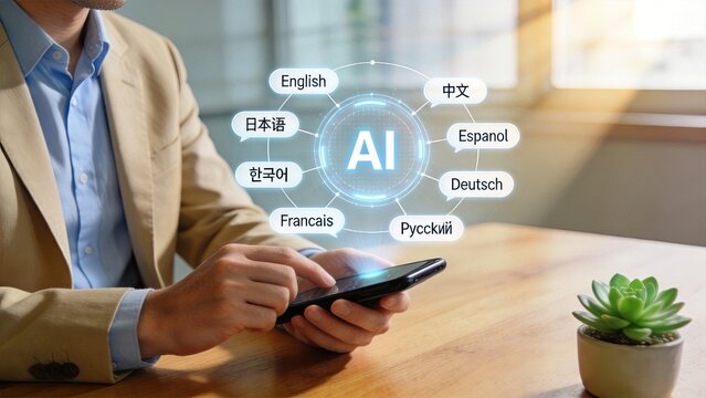Man using smartphone with AI translation interface showing multiple languages including English Chinese Spanish French German Russian Japanese Korean