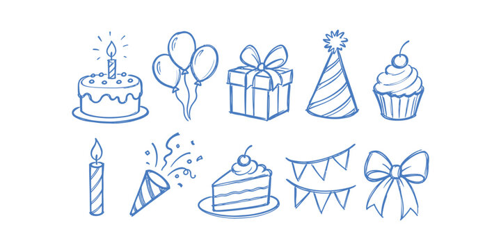 birthday party elements and celebration doodle icon set with cake candle balloon gift box and cupcake vector illustration