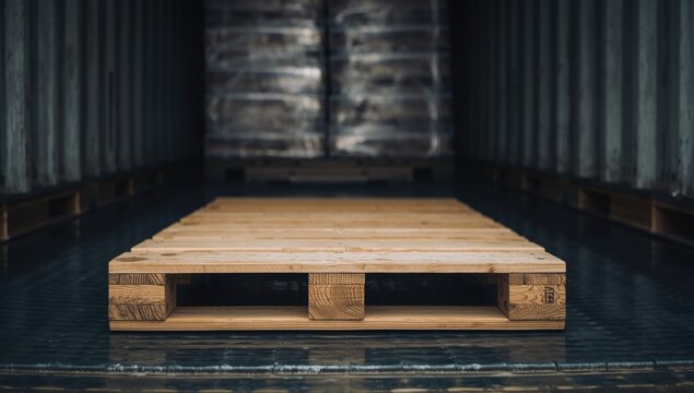 Wooden pallet inside a shipping container warehouse