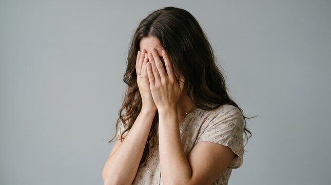 Young woman covering her face with hands in a sign of distress and sadness distress depression isolated suffering