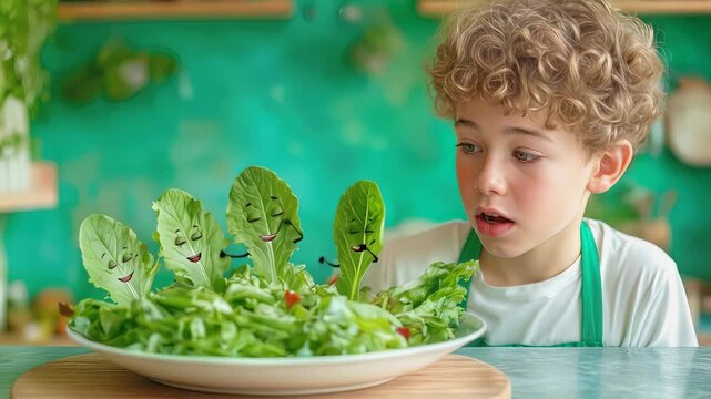 Surprised boy looking at animated salad leaves with faces. Child reacting to magical healthy food in kitchen setting. Static medium shot.