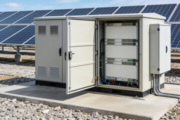Solar power station electrical control cabinet with network switches and wiring © Snide12