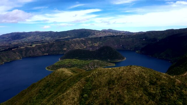 Aerial Panorama of Andean Crater Lake in Ecuador with Blue Water, Volcanic Islands, Green Slopes and Scenic Mountain Nature Landscape