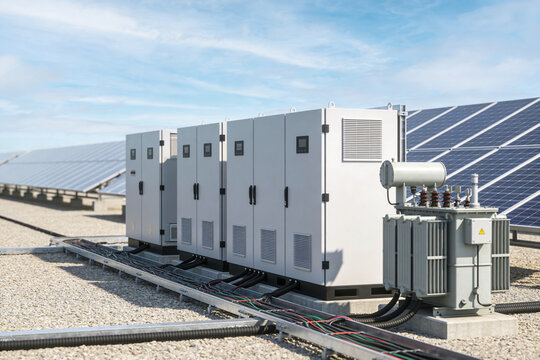 Solar power station equipment with inverters and transformer on a rooftop