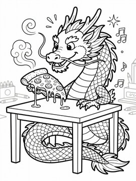 The dragon loves to eat very hot pizza coloring page