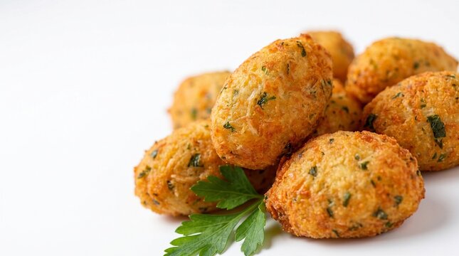 Bolinhos de bacalhau fritos e dourados com salsa isolados em fundo branco. salgadinhos gastronomia portuguesa