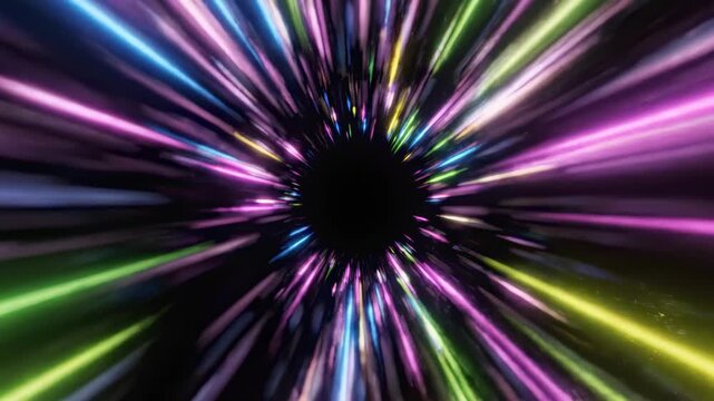 Abstract motion background of colorful neon light trails zooming into a hyperspace wormhole