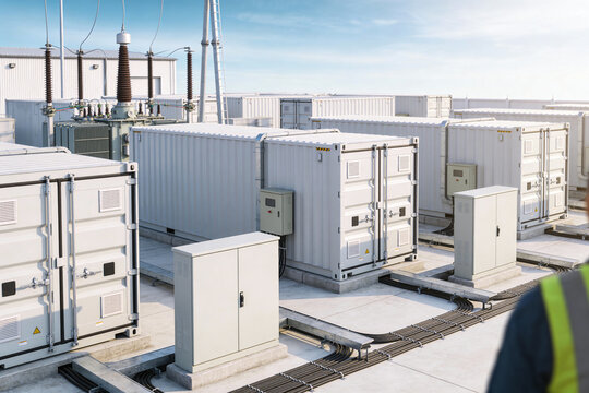 Modern energy storage facility with battery containers and electrical substation equipment
