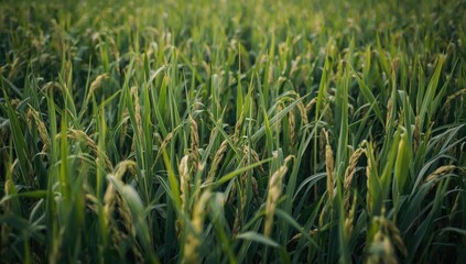 Fototapeta premium Green rice field with ripening grain in sunlight