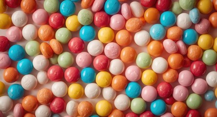 Obraz premium Top view of colorful jawbreaker candies and bright gum balls arranged in vibrant composition