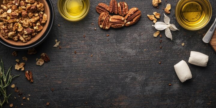 Nutritious omega 3 rich foods featuring walnuts pecans and olive oil alongside fish oil with copyspace for text