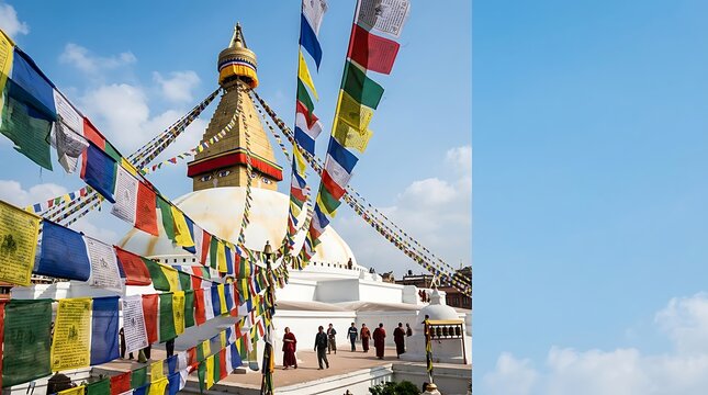 Boudhanath stupa with colorful prayer flags under a blue sky