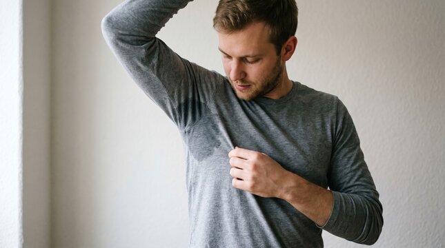 Man inspecting wet sweat stains on his grey shirt underarm with perspiration underarm clothing moisture deodorant