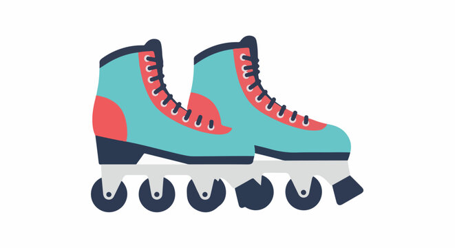 A pair of turquoise and pink rollerblades with navy accents